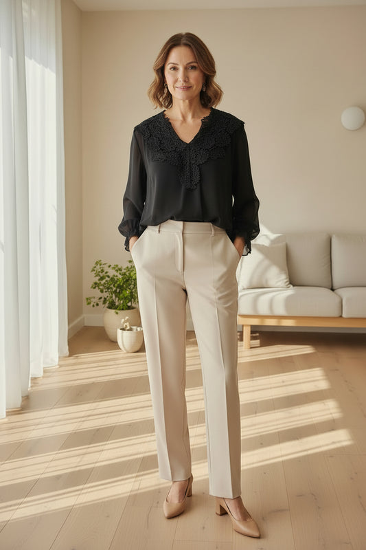 Embroidery Neckline Sheer Top -Black