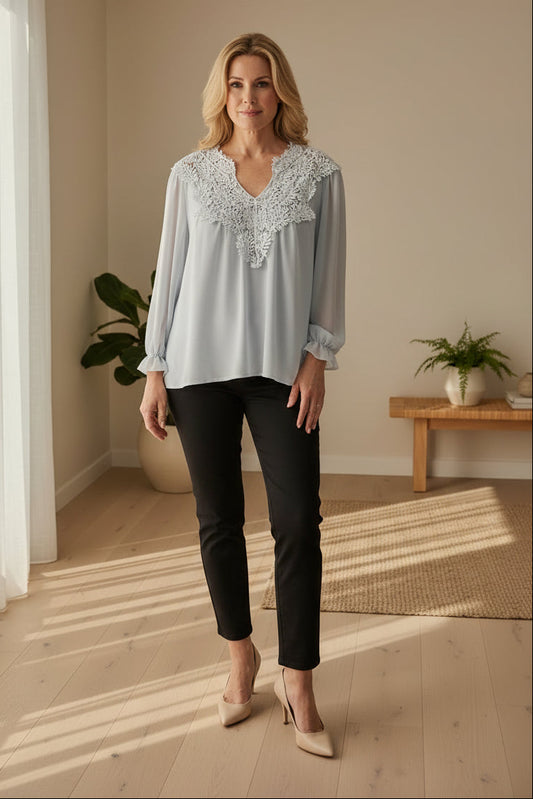 Embroidery Neckline Sheer Top -Light Blue