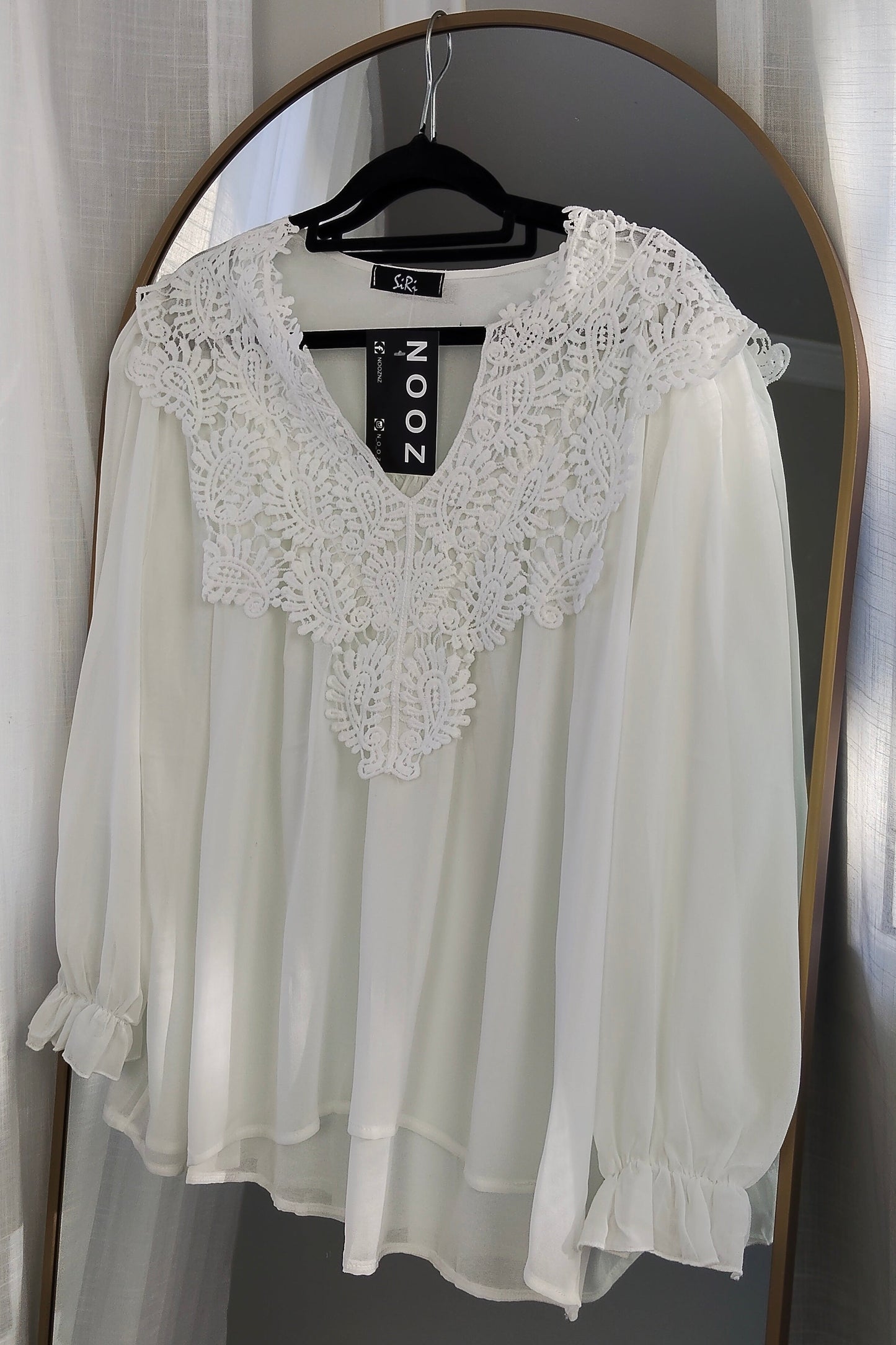Embroidery Neckline Sheer Top - White