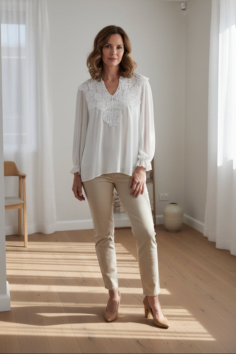 Embroidery Neckline Sheer Top - White
