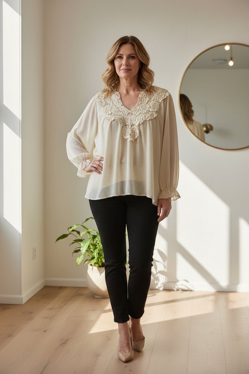 Embroidery Neckline Sheer Top -Cream
