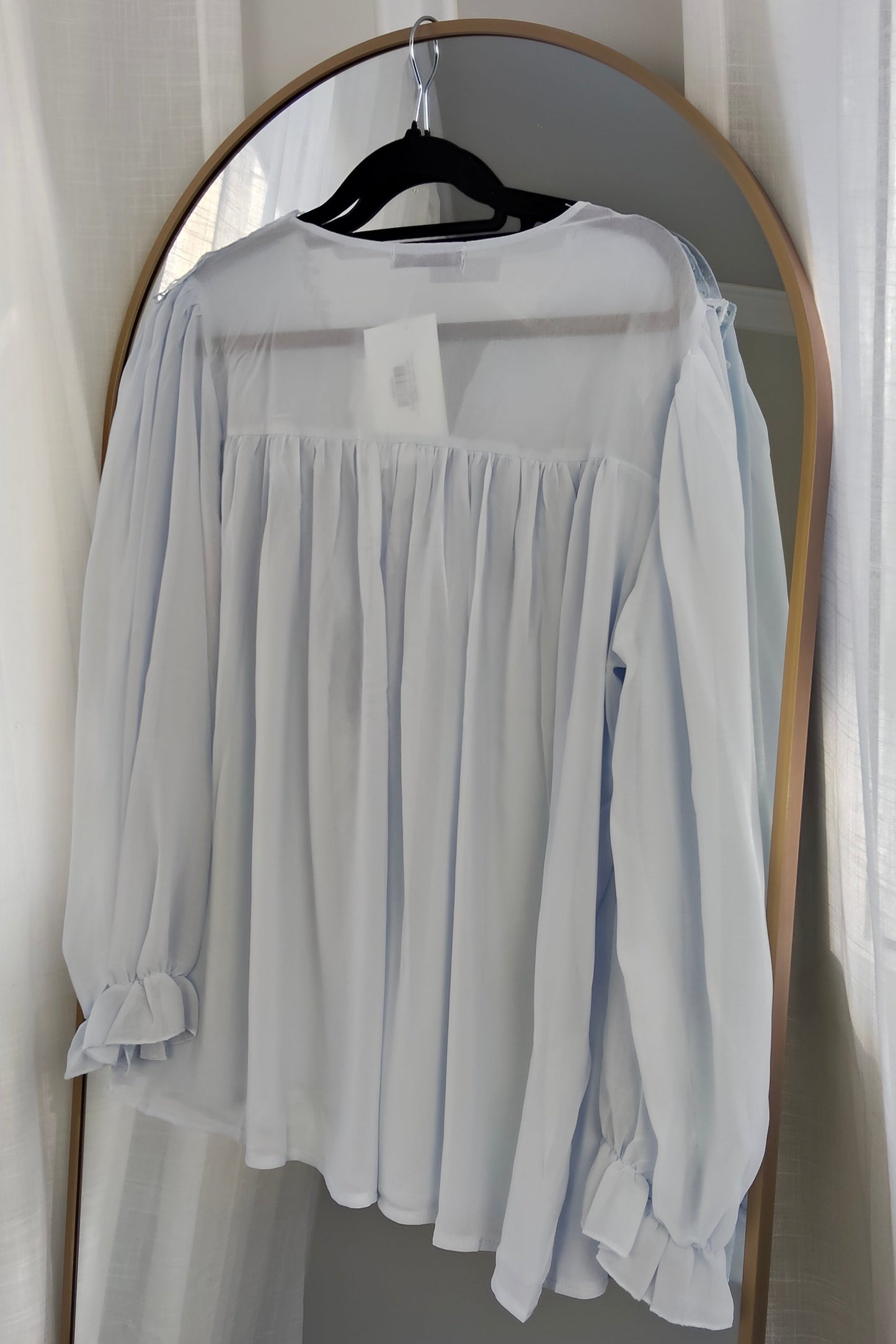Embroidery Neckline Sheer Top -Light Blue
