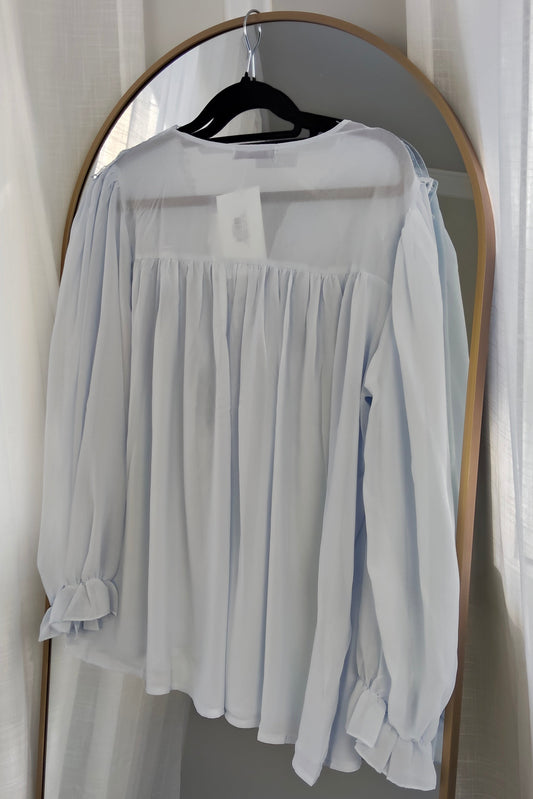 Embroidery Neckline Sheer Top -Light Blue