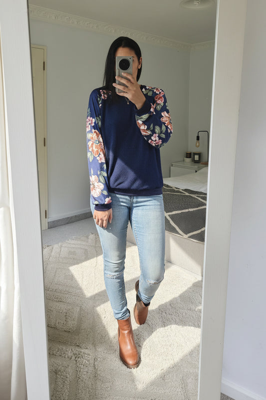 Floral Sleeve Lina Top - Navy