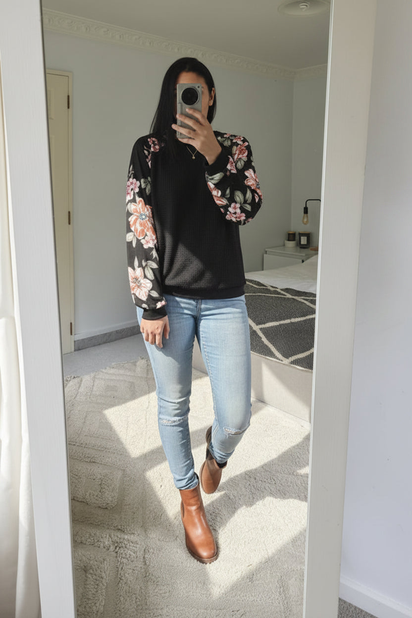 Floral Sleeve Lina Top - Black