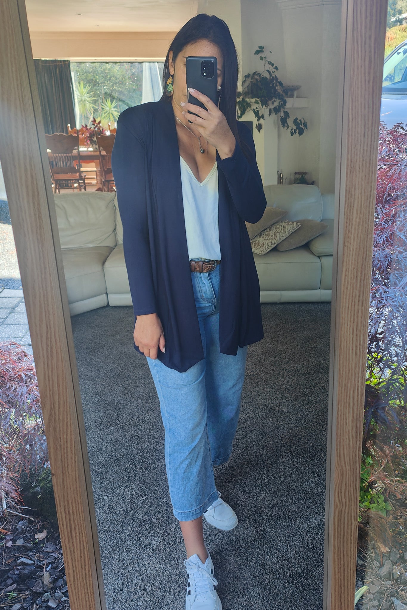 Navy Long Pleat Shoulder Cardigan