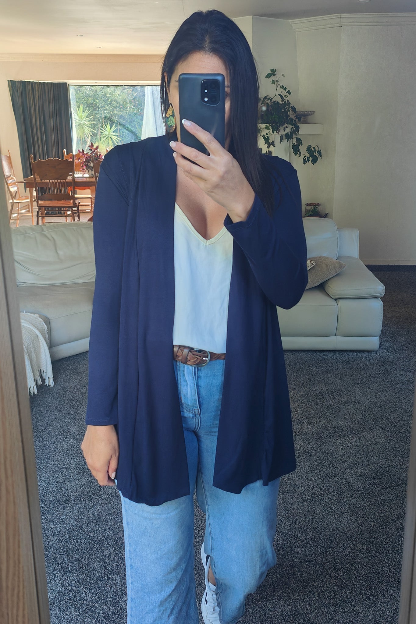 Navy Long Pleat Shoulder Cardigan