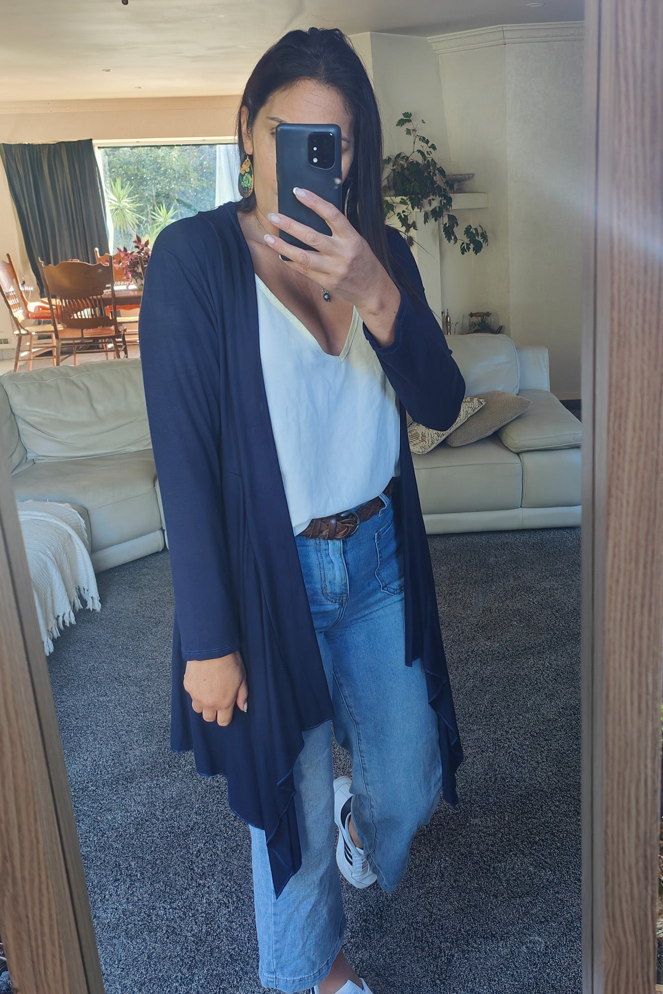 Navy Long Waterfall Shoulder Cardigan