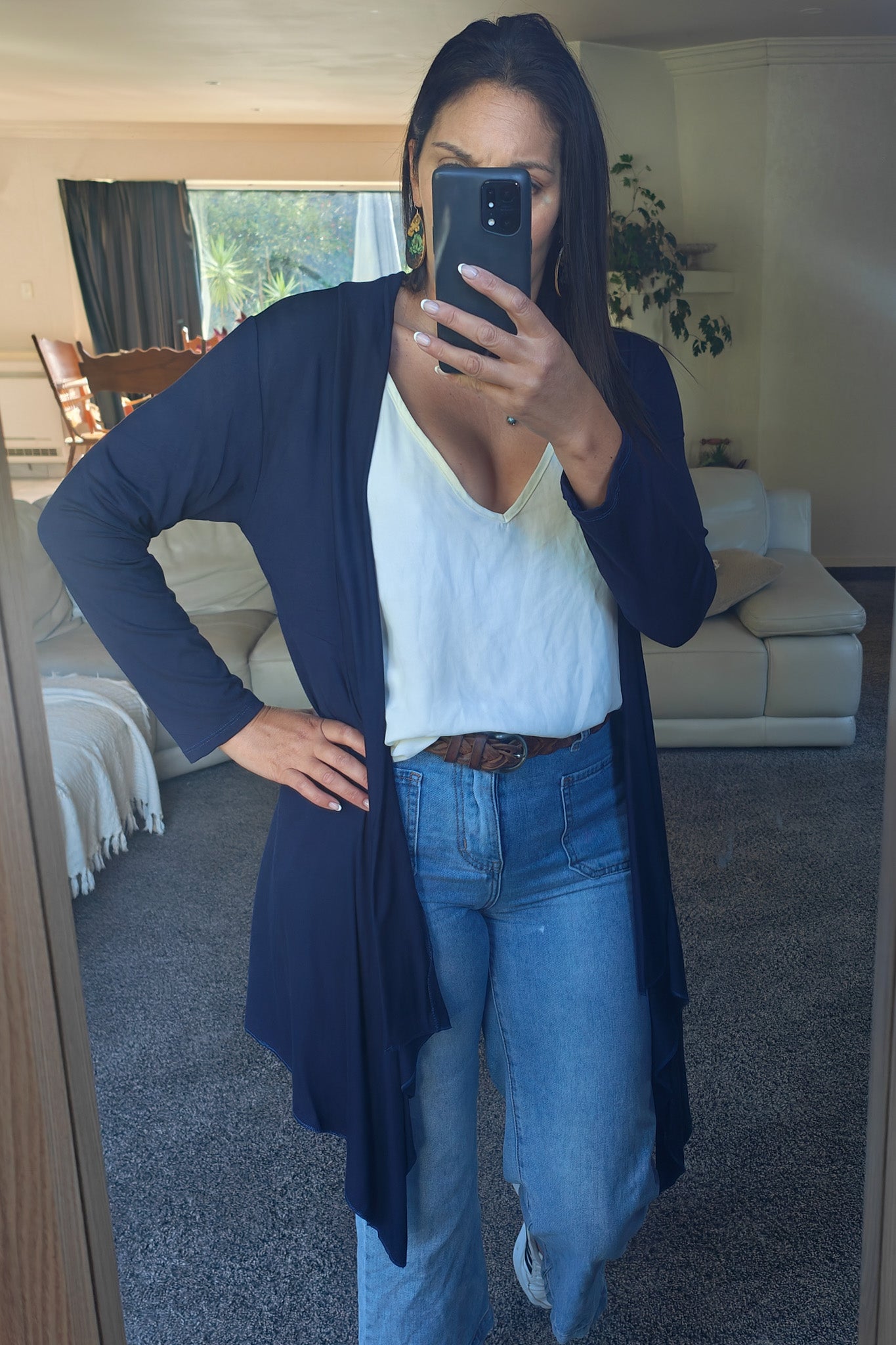 Navy Long Waterfall Shoulder Cardigan