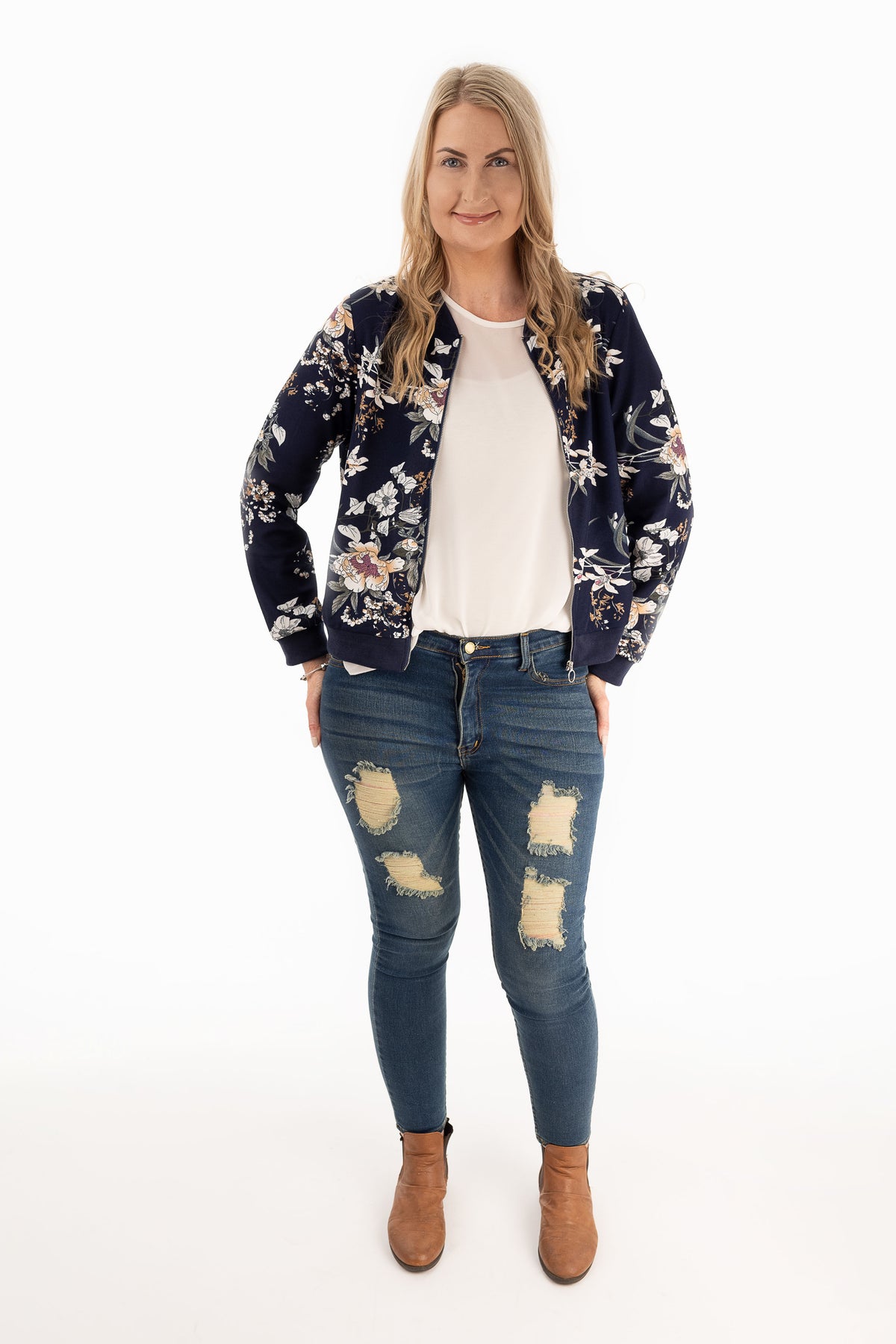 PRE-ORDER** McKenzie Floral Zip Up - Navy