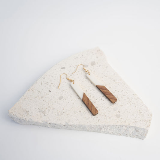 White - Rectangular Wood & Resin Earrings