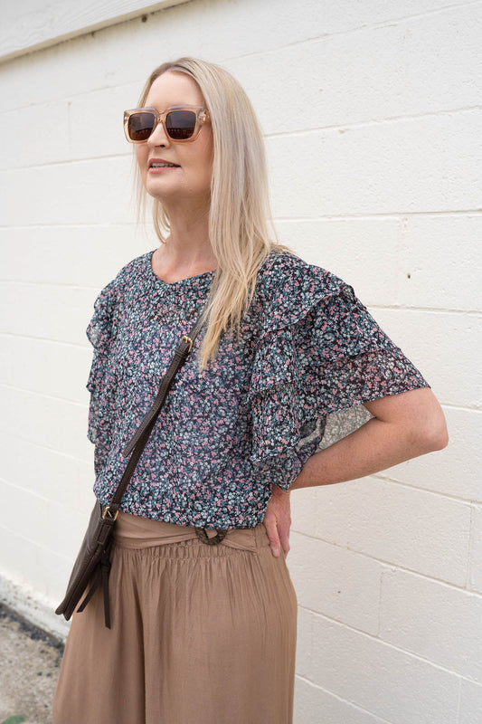 Chiffon Flutter Sleeve Top - Navy