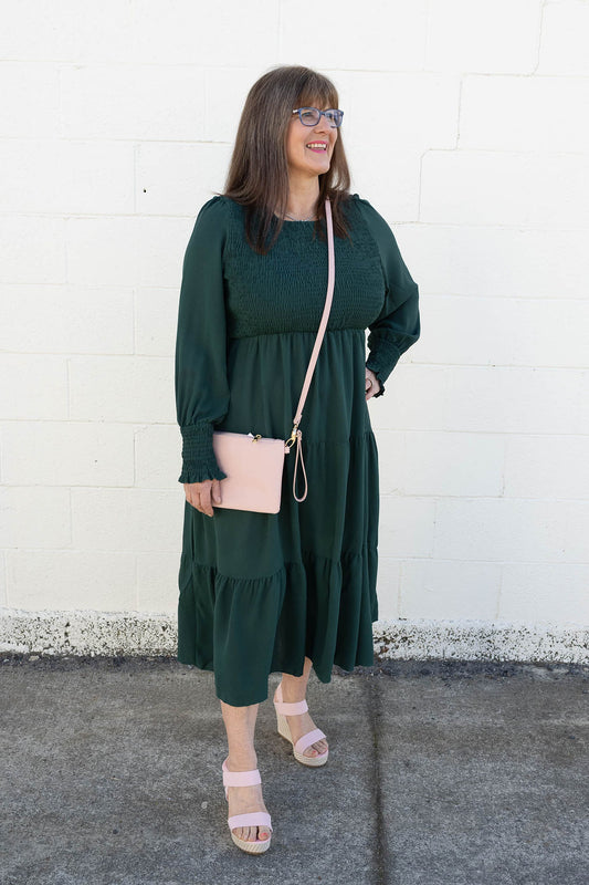 Long Sleeve Shirred Lola Dress - Forest Green