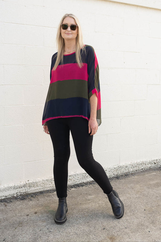 Bright Pink & Khaki Stripe Draped Top - Vogue Collection