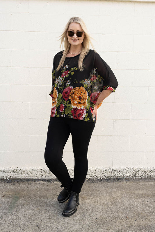 Black Bold Floral Draped Top - Floral Collection