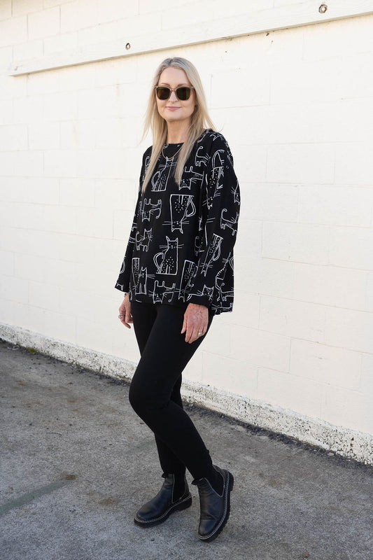 Funky Cat Print Top - Black