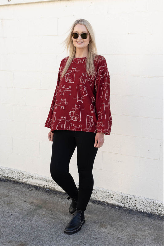 Funky Cat Print Top - Raspberry