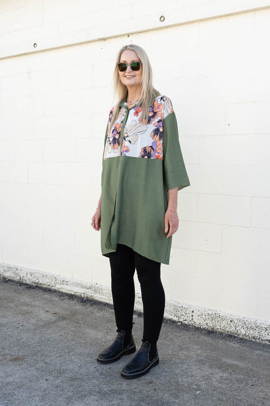 Sage - Flower Button Up Overshirt/Tunic