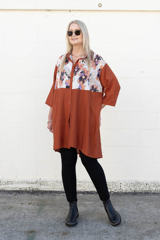 Rust - Flower Button Up Overshirt/Tunic