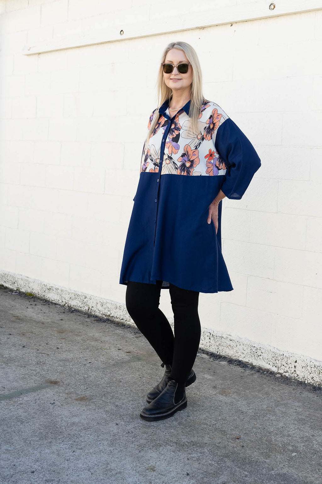 Navy - Flower Button Up Overshirt/Tunic