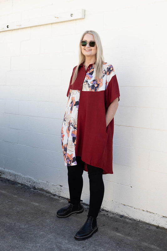 Red - Peach Floral Paneled Overshirt/Tunic