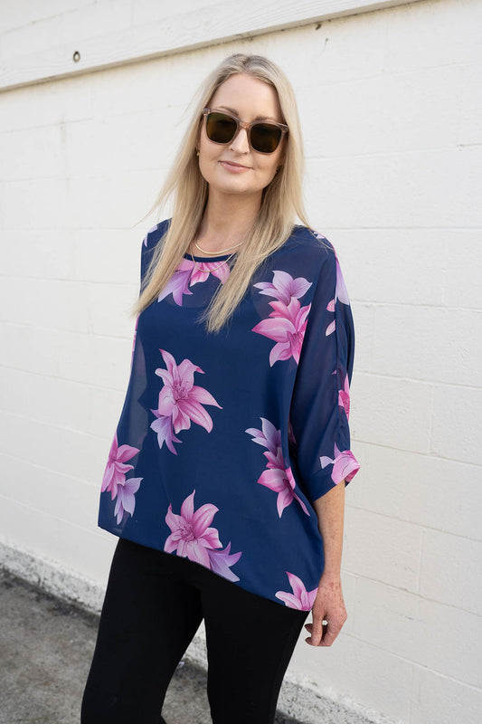 Navy & Fuchsia Floral Draped Top - Floral Collection