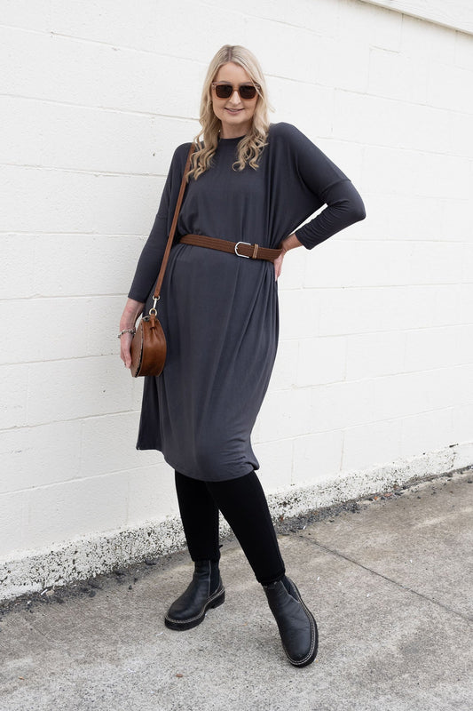 Longer Henley Draped Dress - Dark grey
