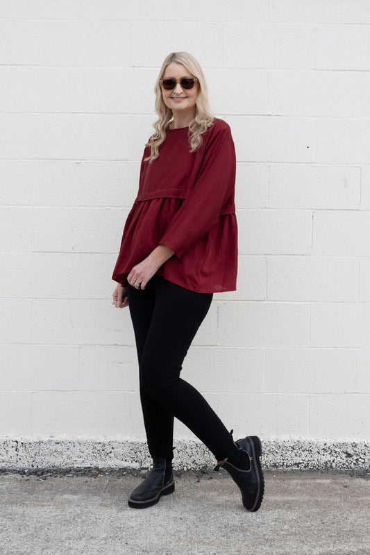 Wine - Long Sleeve Frill Detail Top