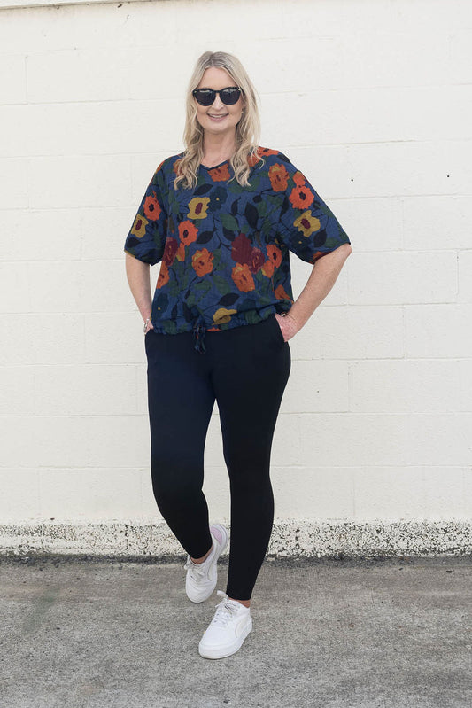 Short Sleeve Verity Tie Top- Denim Autumn Floral