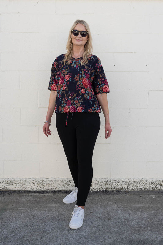 Short Sleeve Verity Tie Top - Navy & Pink Blossom