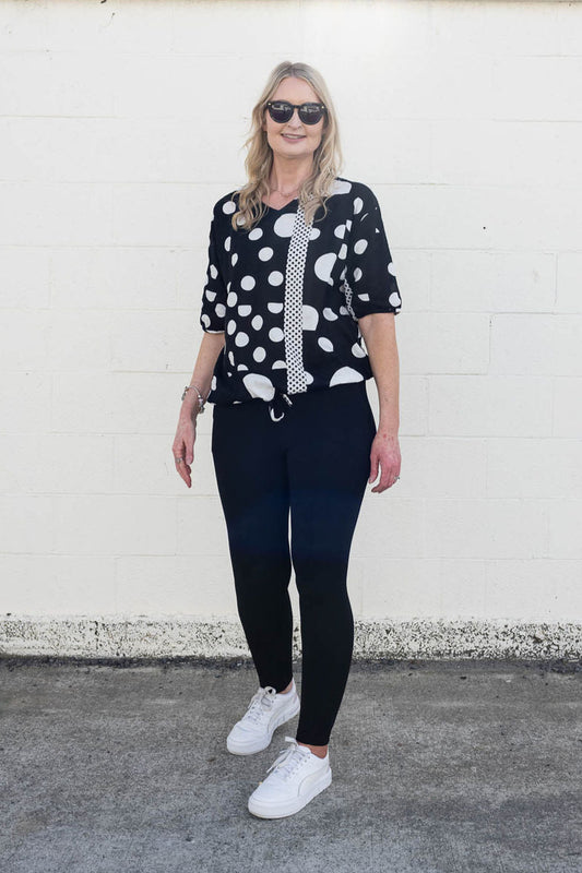Short Sleeve Verity Tie Top - B/W Dot Fiesta