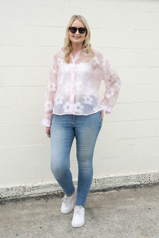Sheer Floral Suri Button Up Shirt - Pink