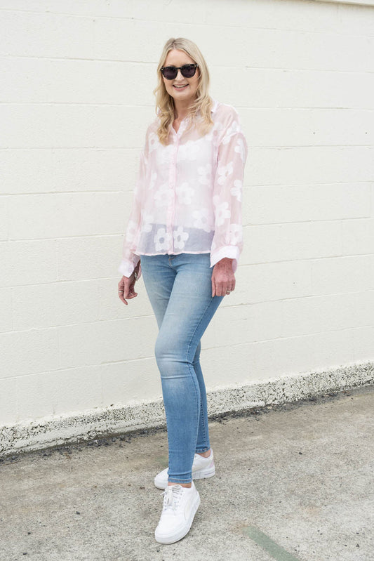 Sheer Floral Suri Button Up Shirt - Pink