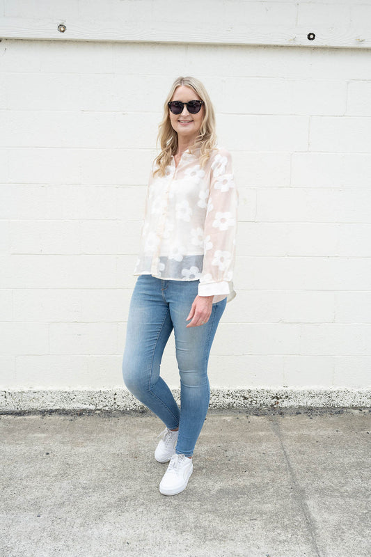 Sheer Floral Suri Button Up Shirt - Beige