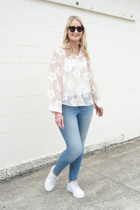 Sheer Floral Suri Button Up Shirt - Beige