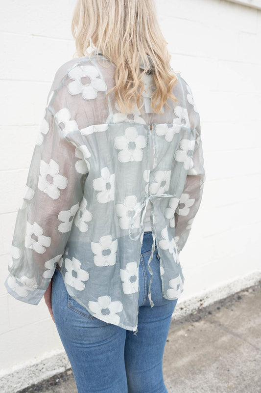 Sheer Floral Suri Button Up Shirt - Sage