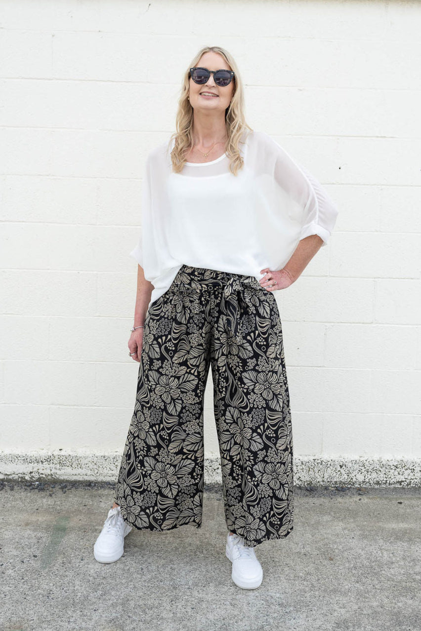Loose Tie Palazzo Pants - Monochrome Gardenia