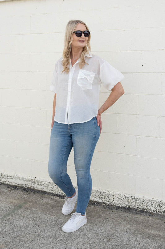 Striped Patience Puff Sleeve Shirt - White