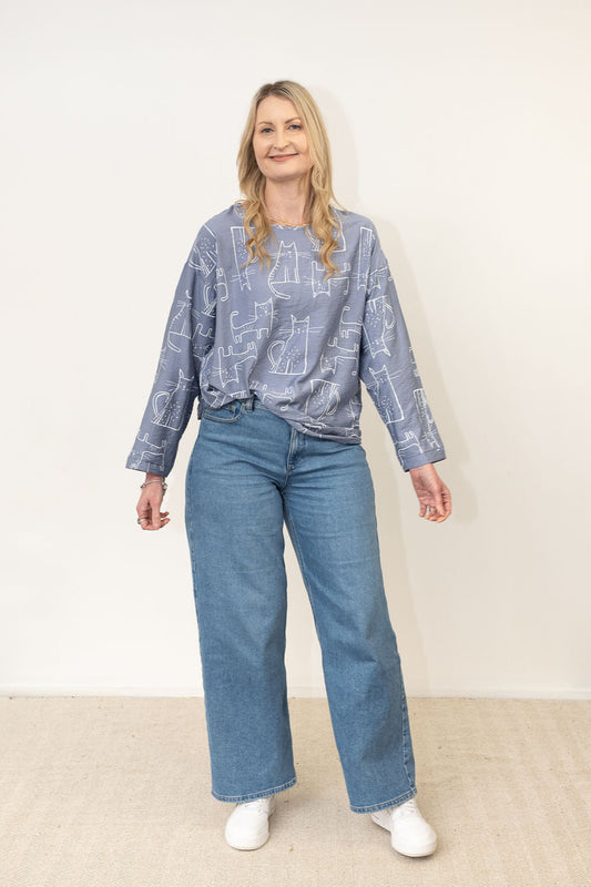 Funky Cat Print Top - Blue