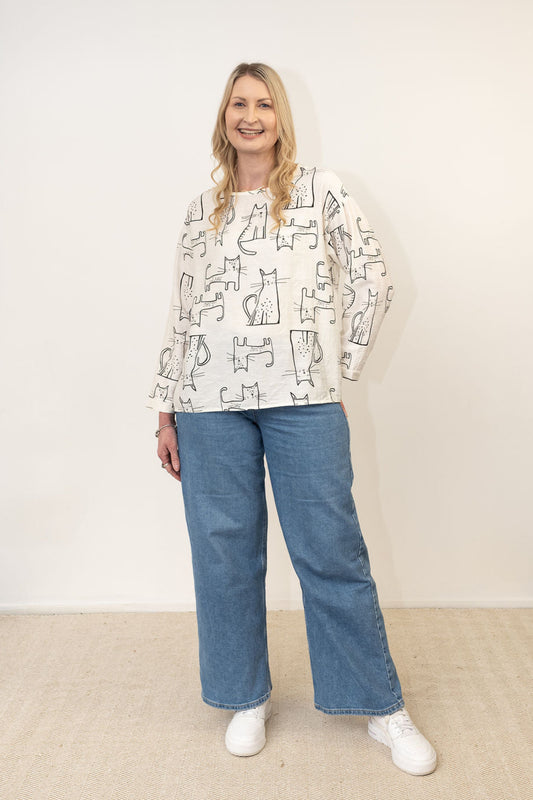Funky Cat Print Top - White
