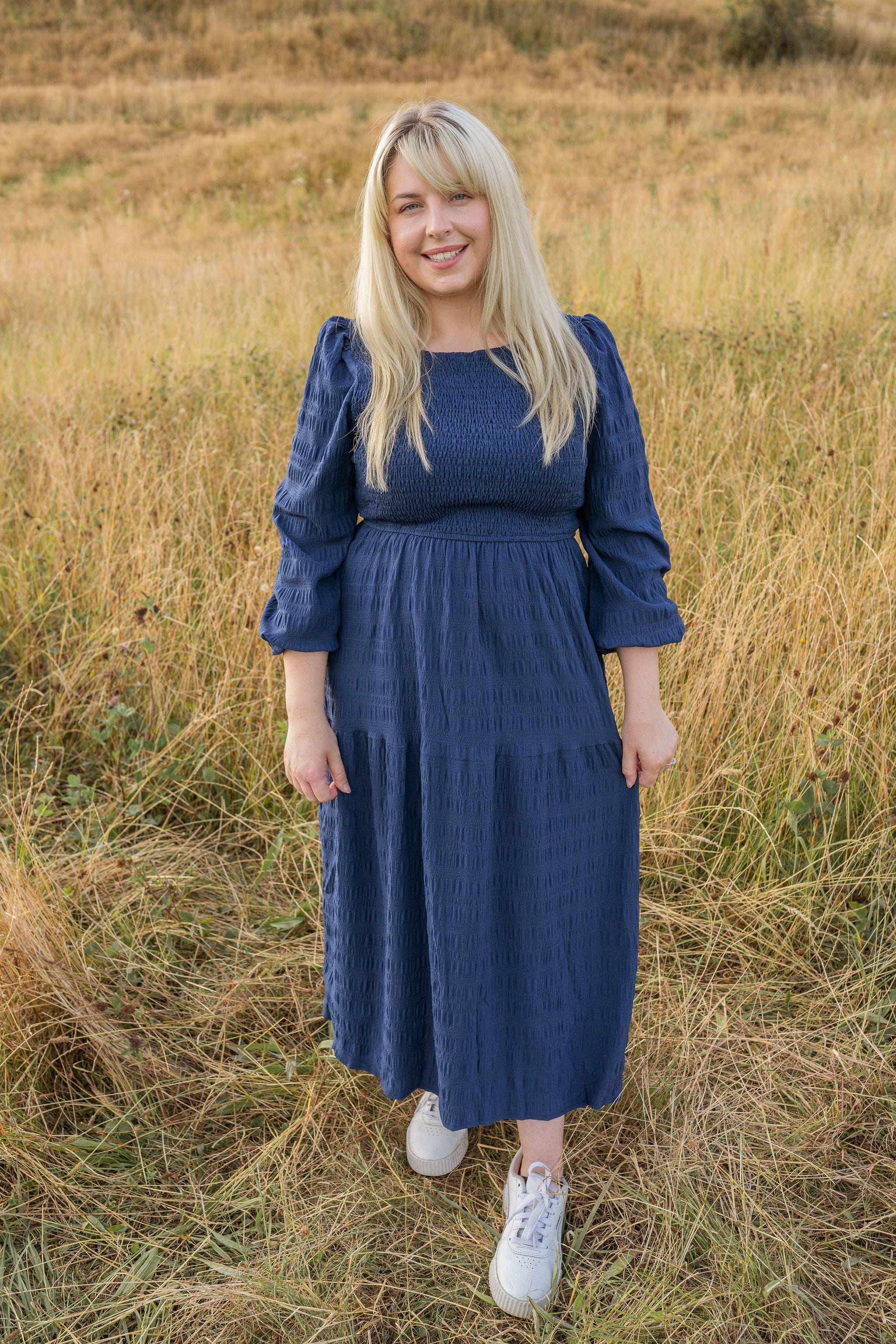 Navy - Textured Long Sleeve Shirred Eleanor Dress – N O O Z