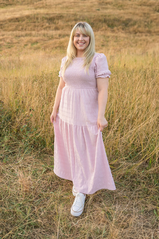Baby Pink - Textured Short Sleeve Shirred Josephine Dress