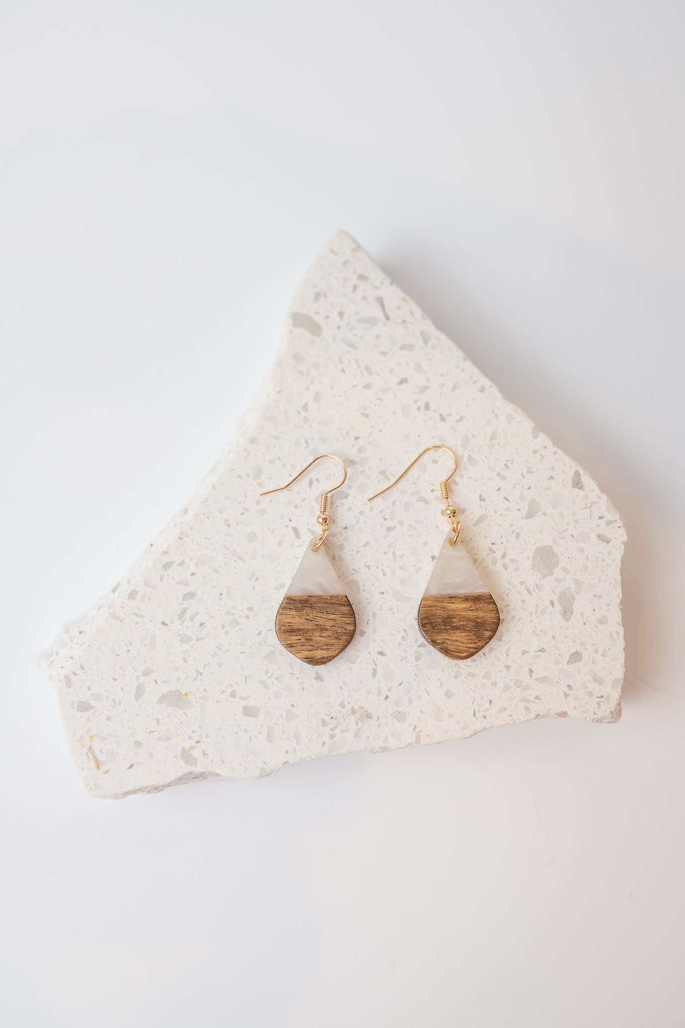 Little Teardrop White/Wood & Resin Earrings
