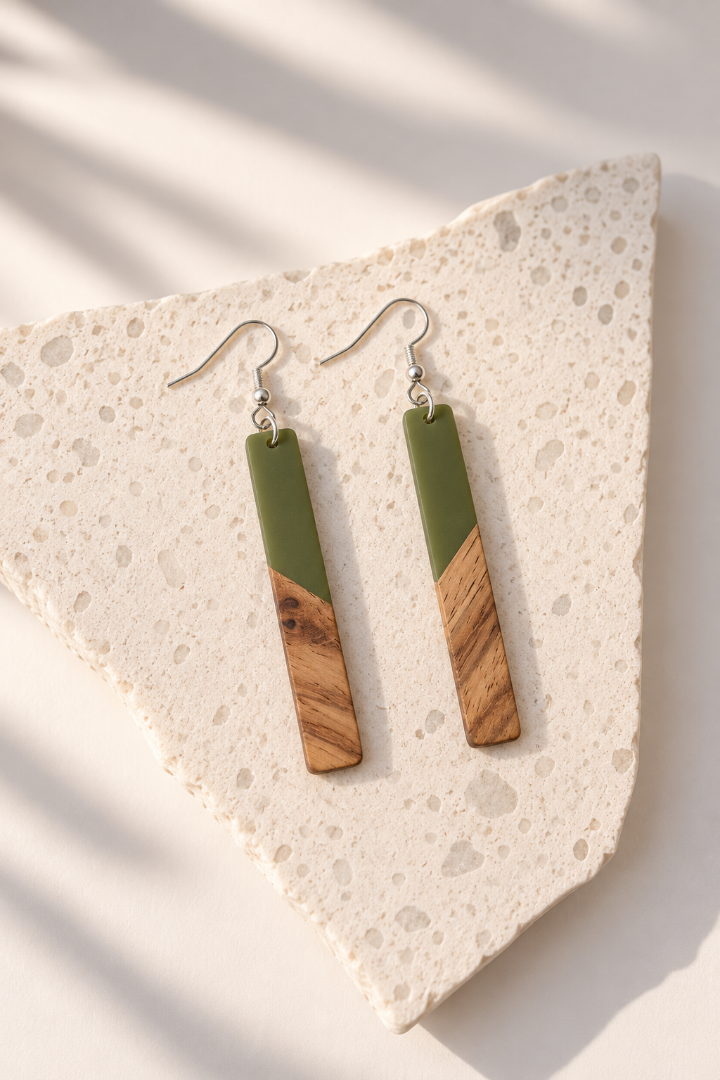 Olive - Rectangular Wood & Resin Earrings