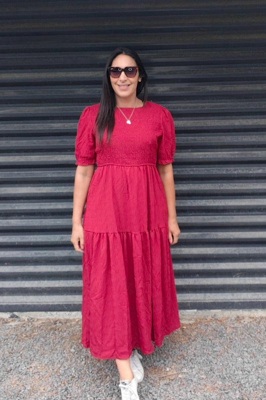 PRE-ORDER** Raspberry - Textured Short Sleeve Shirred Josephine Dress