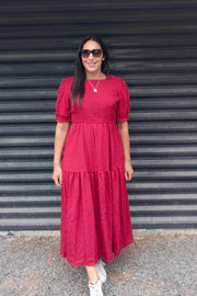 Raspberry - Textured Short Sleeve Shirred Josephine Dress