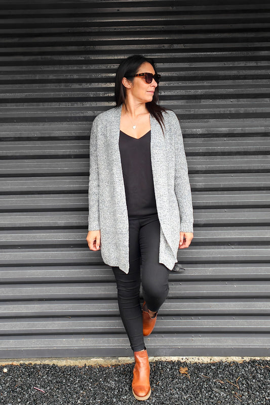 Draped Longline Knit Cardigan - Grey/Navy Marl