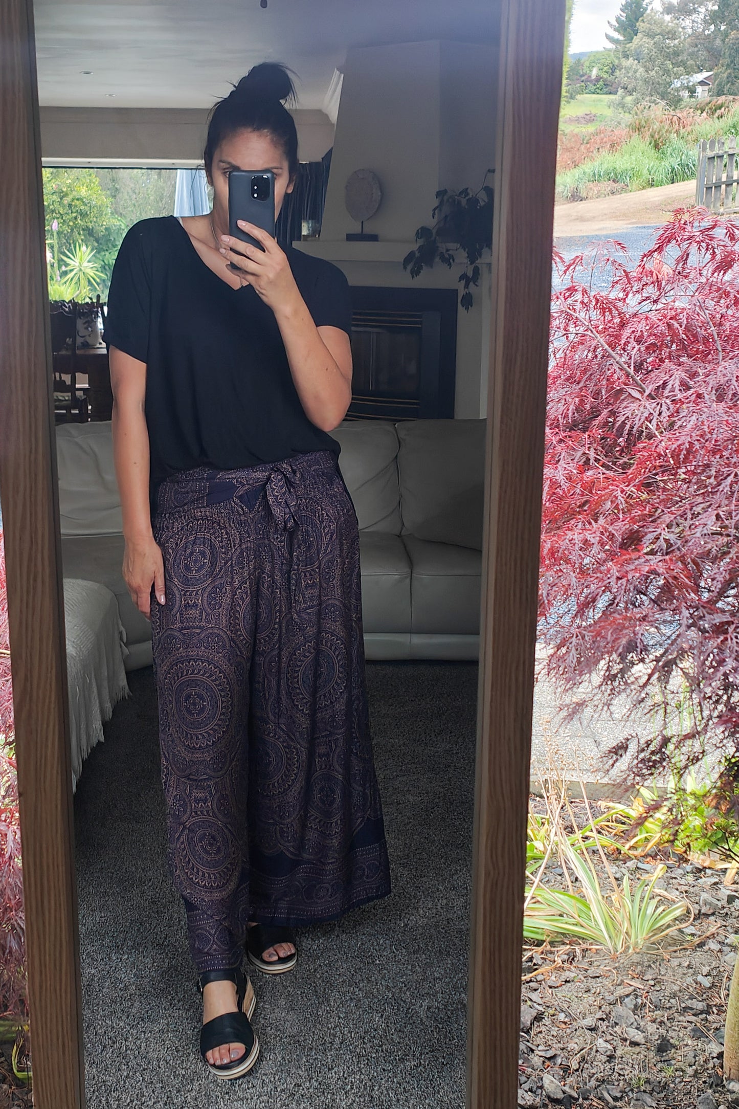 Loose Tie Palazzo Pants - Navy Mandala