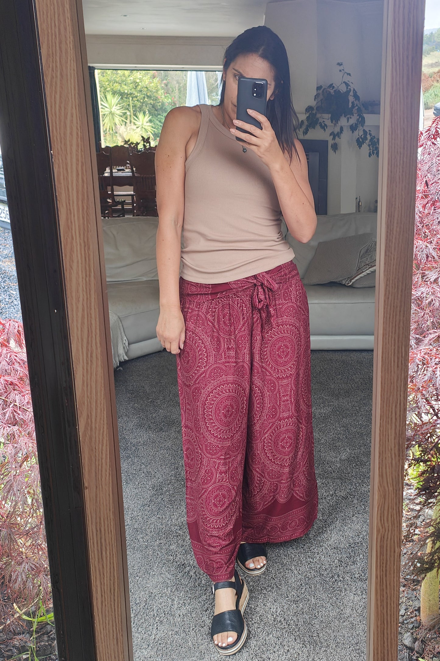 PRE-ORDER** Loose Tie Palazzo Pants - Wine Mandala