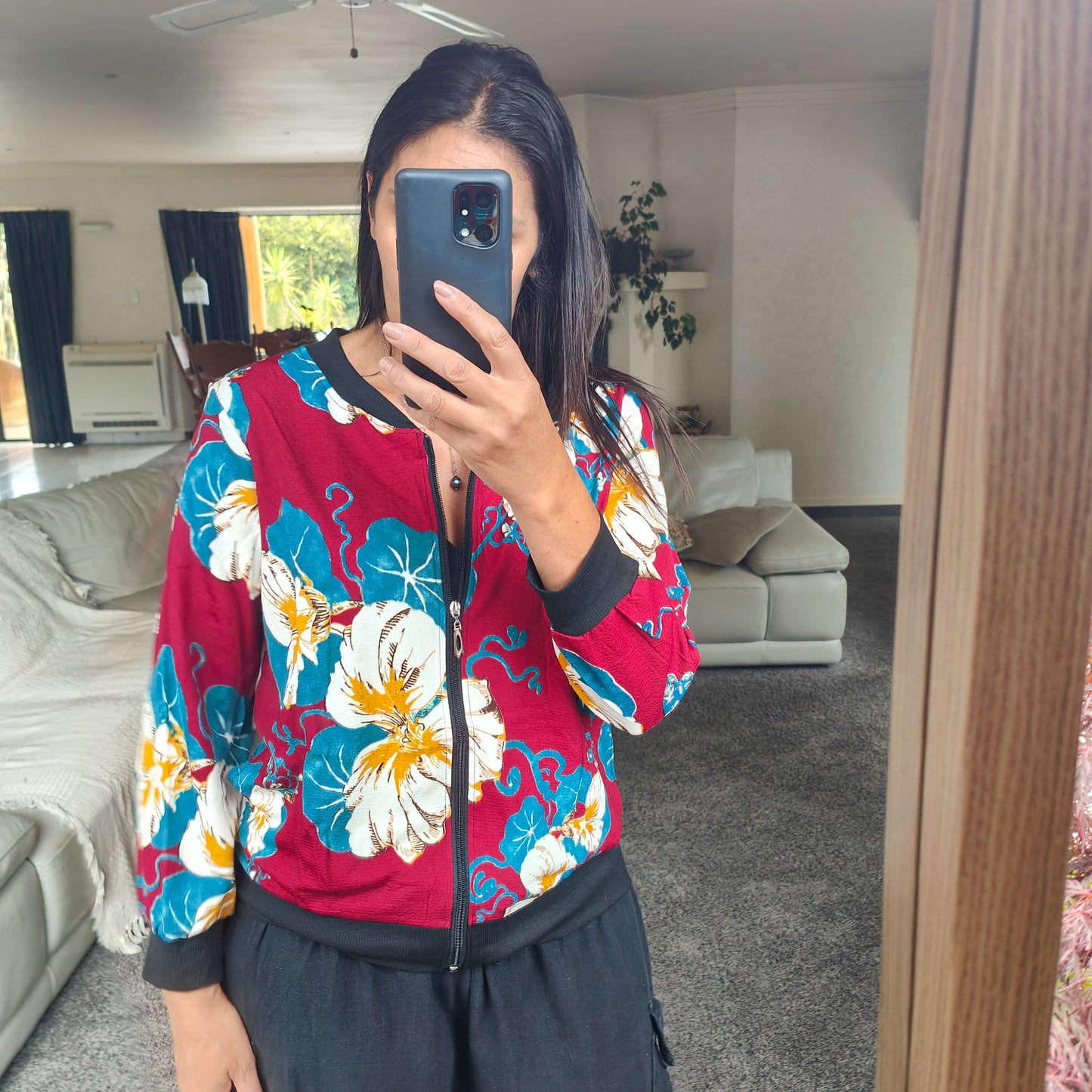 Bright Coloured Floral Zip Up -Wine